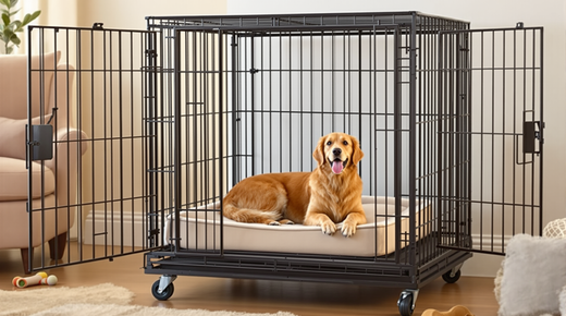 Heavy duty dog crate with wheels in a cozy home setting, featuring a golden retriever.