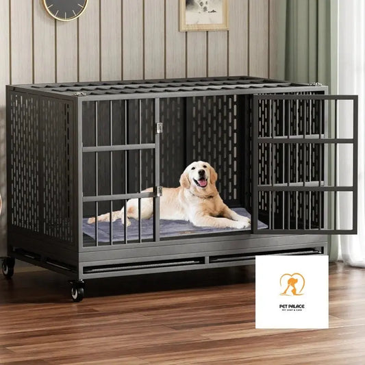 48 Inch Heavy Duty Dog Crate with Wheels, Folding Metal Big Dog Cage for Large and Medium Dogs, Extra Large XL XXL-Pet palace shop