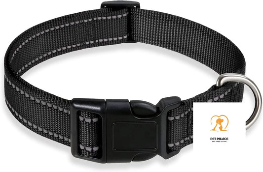 Reflective Dog Collar with Buckle Adjustable Safety Nylon Collars for Small Medium Large Dogs, Black M