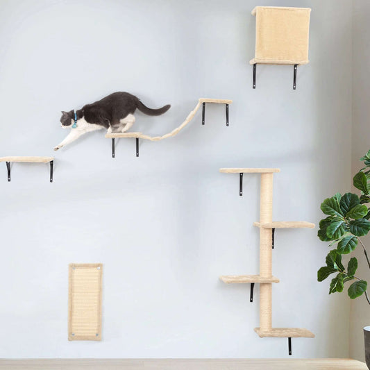 5 Pcs Wall Mounted Cat Climber Set, Floating Cat Shelves and Perches, Cat Activity Tree with Scratching Posts, Modern Cat Furnit Pet palace shop