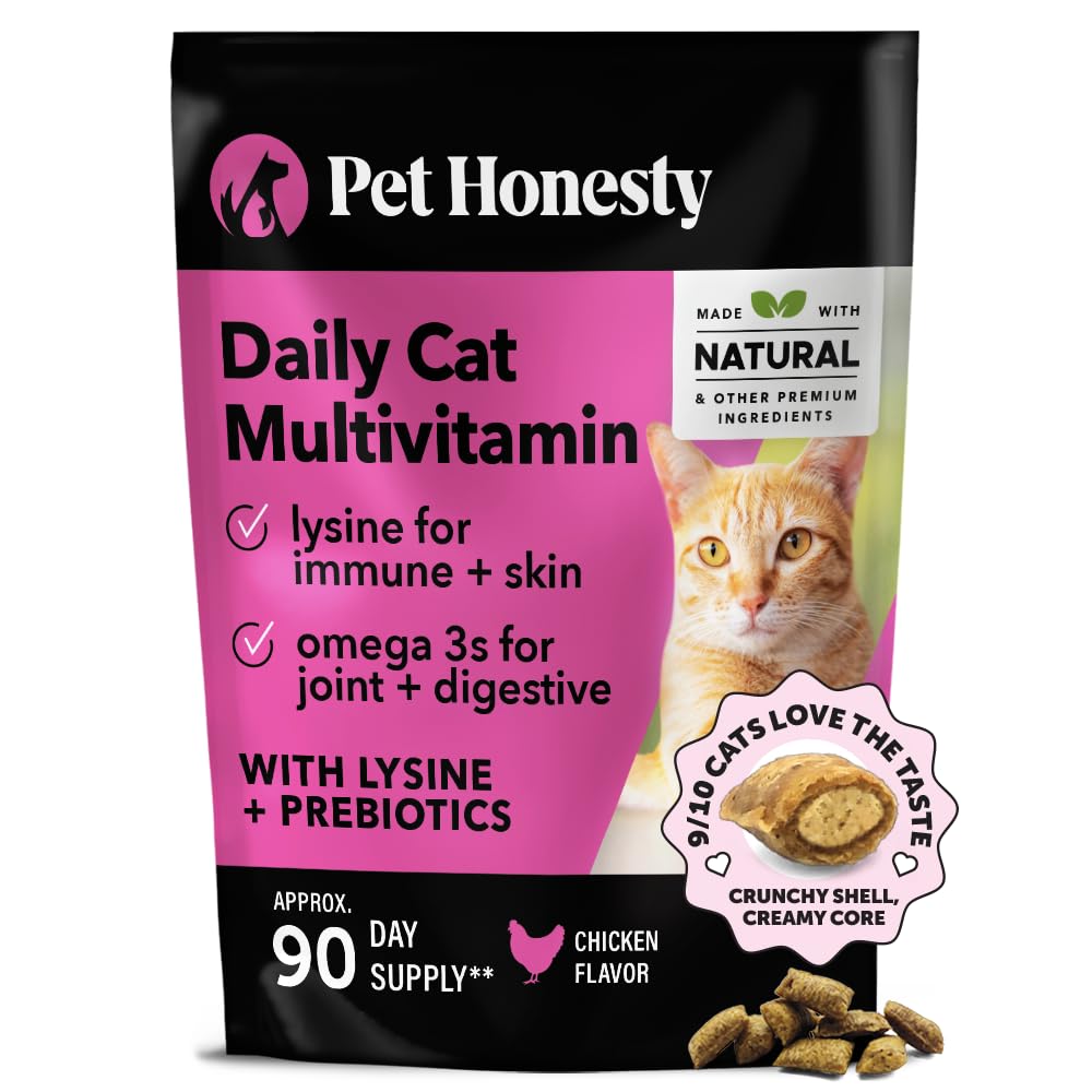 Pet Honesty Cat Multivitamin Crunchy & Creamy Chews - Cat Treats for Health + Immune, Cat Joint Support, Skin & Coat, & Digestion - Omega 3s, Lysine & Probiotic Cat Vitamins - 30 Day Supply