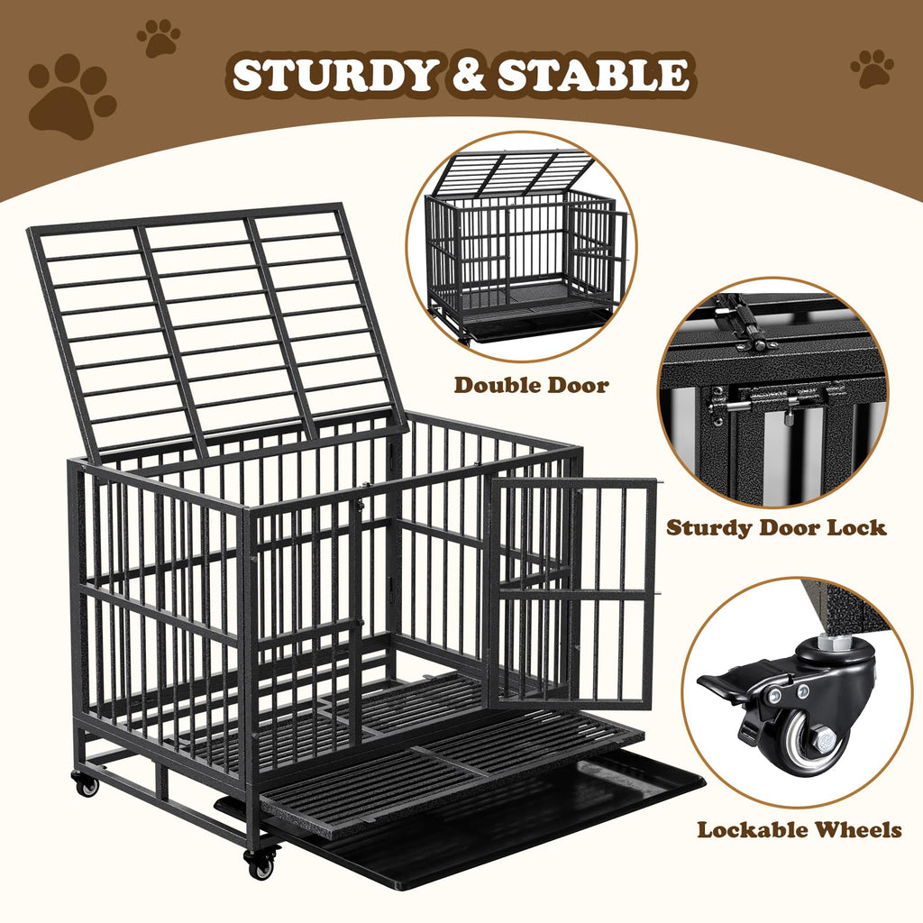 Indestructible Dog Crate with Removable Tray - 37/42/46 Inch Heavy Duty Steel Kennel