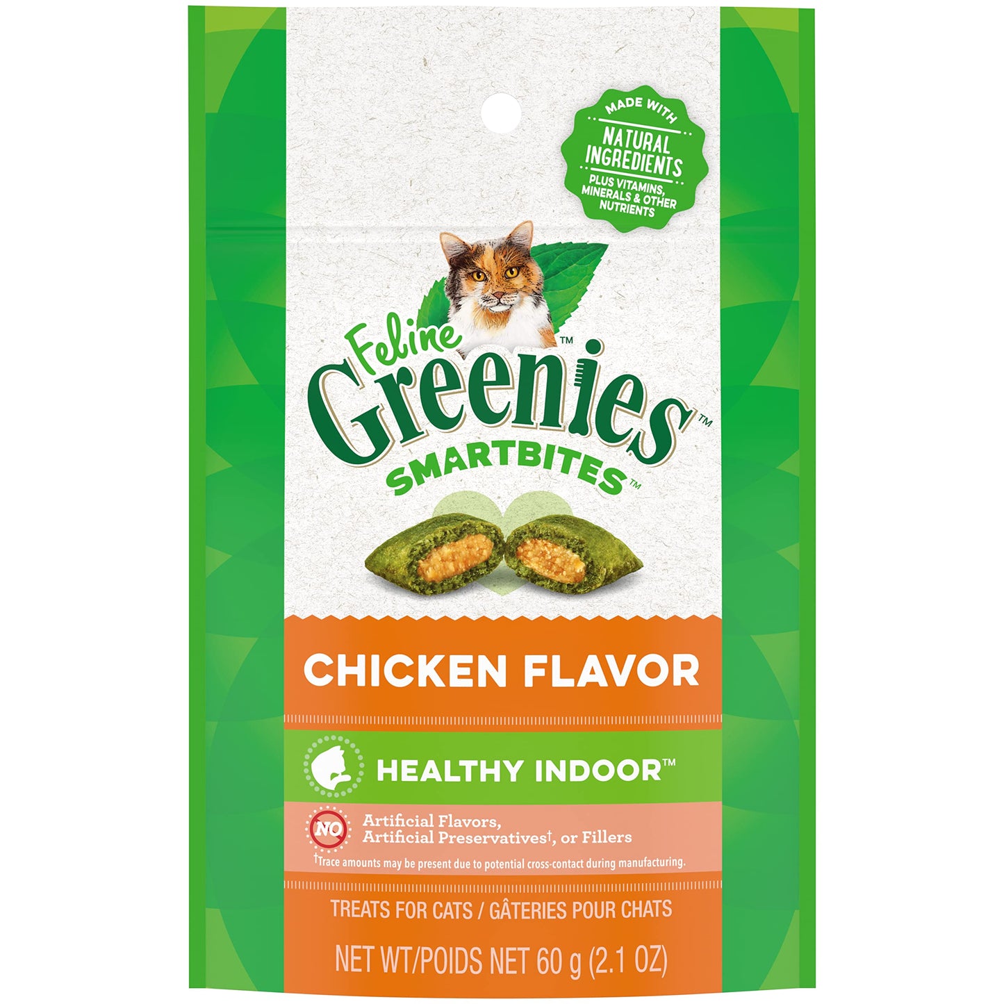 FELINE GREENIES SMARTBITES HEALTHY INDOOR Natural Treats for Cats, Chicken Flavor, 16 oz. Tub