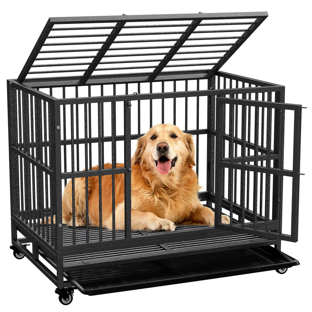 Dog Crate with Removable Tray, 37/42/46 Inch Indestructible and Escape Proof Steel Dog Cage Kennel for High Anxiety Dogs, Heavy Duty Dog Crate with Wheels, Double Door, Extra Large XL XXL