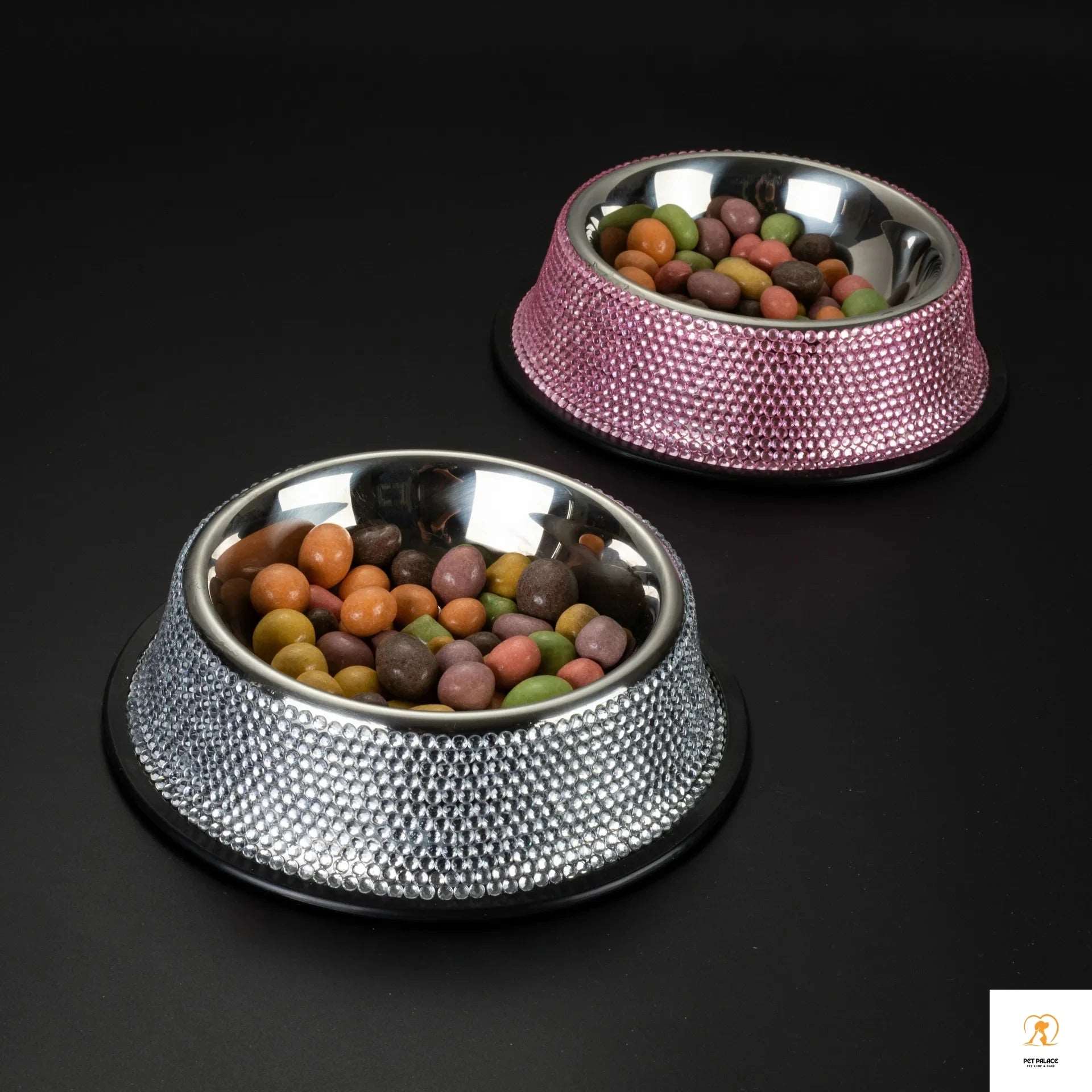 Bling Diamond Stainless Steel Dog Bowl Cat Bowl Pet Drinking Bowl Feeder Sparkling Rhinestone Cat Feeding Bowls 18CM Diameter Pet palace shop