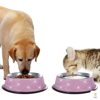 Bling Diamond Stainless Steel Dog Bowl Cat Bowl Pet Drinking Bowl Feeder Sparkling Rhinestone Cat Feeding Bowls 18CM Diameter Pet palace shop