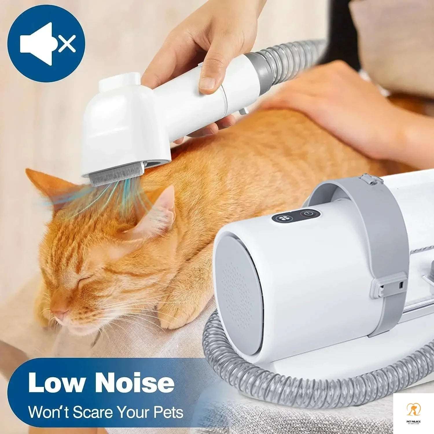 Low noise pet dryer used on orange cat