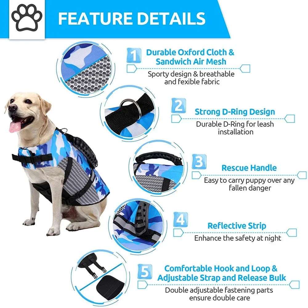 Dog Life Jacket Ripstop High Buoyancy Summer Pet Adjustable Safety Camouflage Swimsuit Reflective Dog Clothes with Rescue Handle Pet palace shop