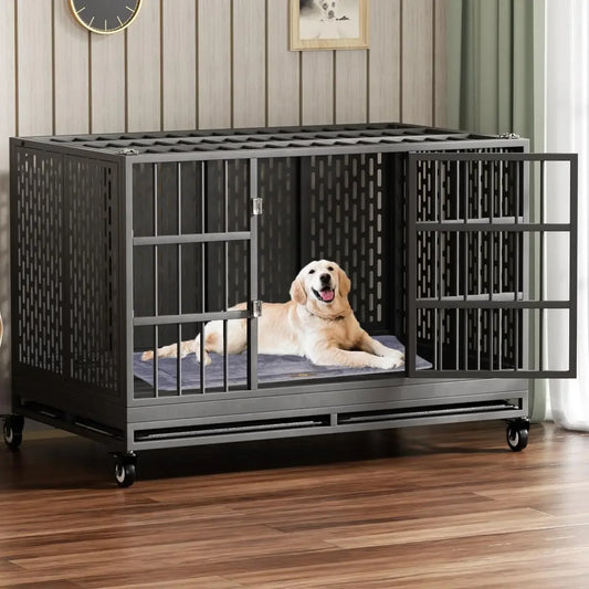 48/42/38 Inch Heavy Duty Dog Crate with Wheels, Folding Metal Big Dog Cage for Large and Medium Dogs, Extra Large XL XXL