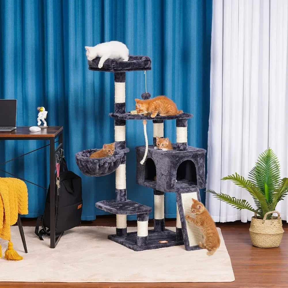 Cat Tower for Indoor Cats with Scratching Board, Multi-Level Cat Furniture Condo with Feeding Bowl Smoky Gray HCT010G