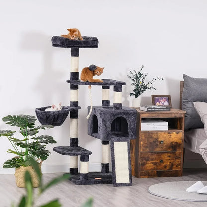 Cat Tower for Indoor Cats with Scratching Board, Multi-Level Cat Furniture Condo with Feeding Bowl Smoky Gray HCT010G