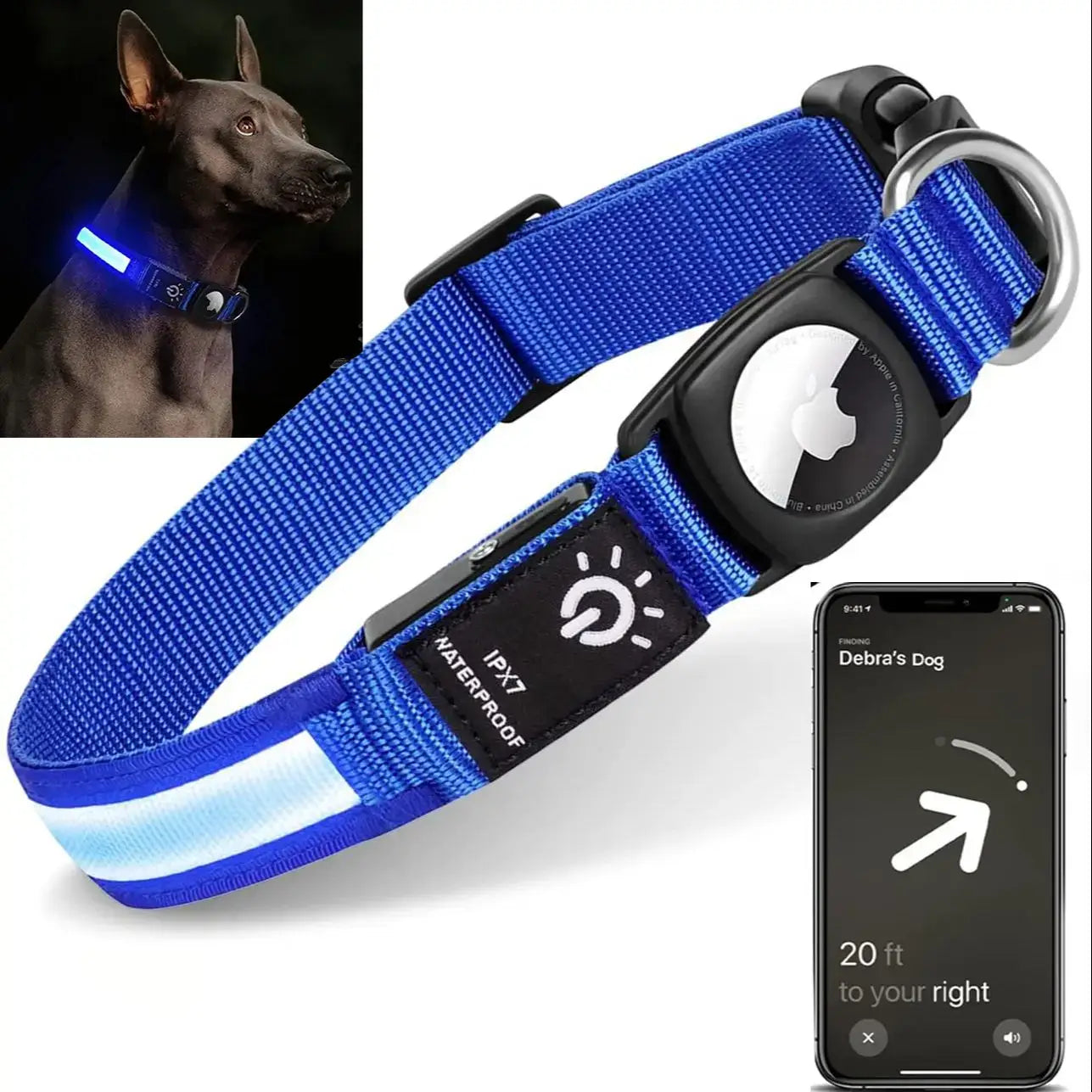 Collar para perro con luz LED y buscador GPS para Apple Airtag, resistente al agua, recargable por USB, luminoso, para Apple Air Tag