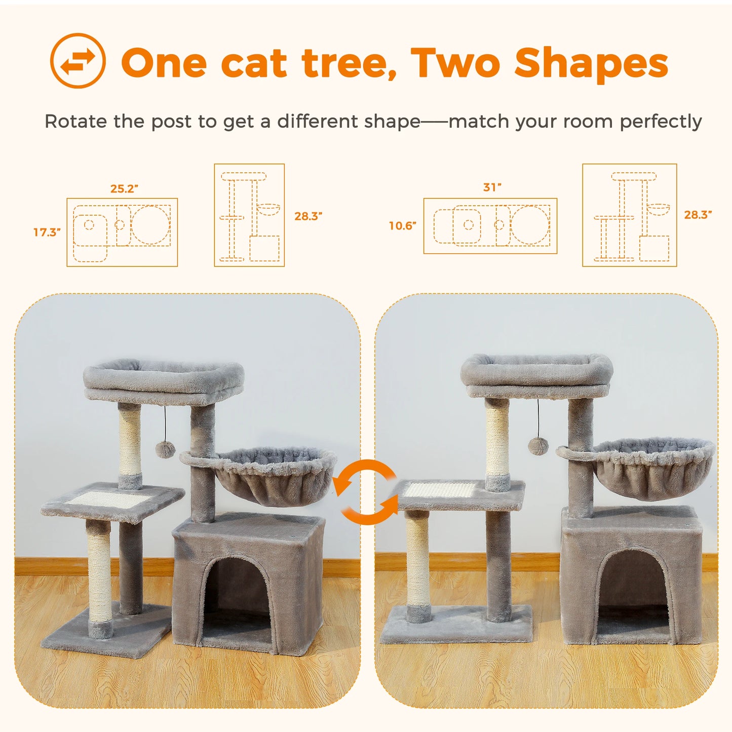 Cat tree Cat Tower for Indoor Cats 2 Styles Cat Activity Tree with Cat Scratching Posts Big Hammock and Removable Top Perch Grey