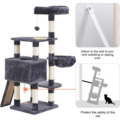 Cat Tower for Indoor Cats with Scratching Board, Multi-Level Cat Furniture Condo with Feeding Bowl Smoky Gray HCT010G