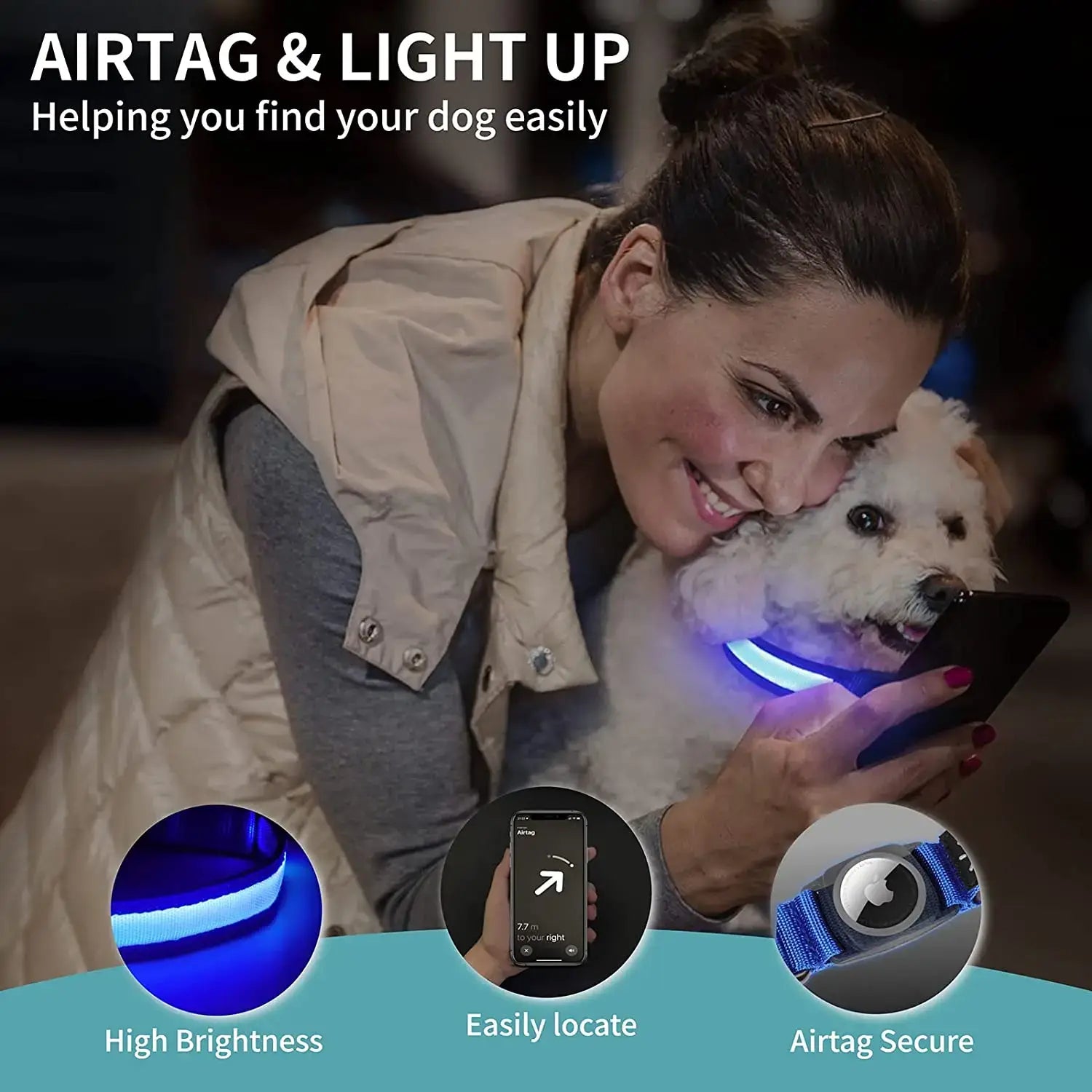 Collar para perro con luz LED y buscador GPS para Apple Airtag, resistente al agua, recargable por USB, luminoso, para Apple Air Tag