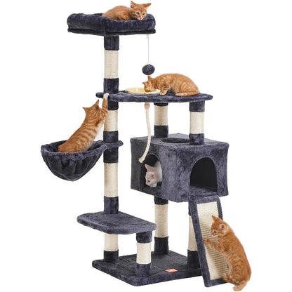 Cat Tower for Indoor Cats with Scratching Board, Multi-Level Cat Furniture Condo with Feeding Bowl Smoky Gray HCT010G