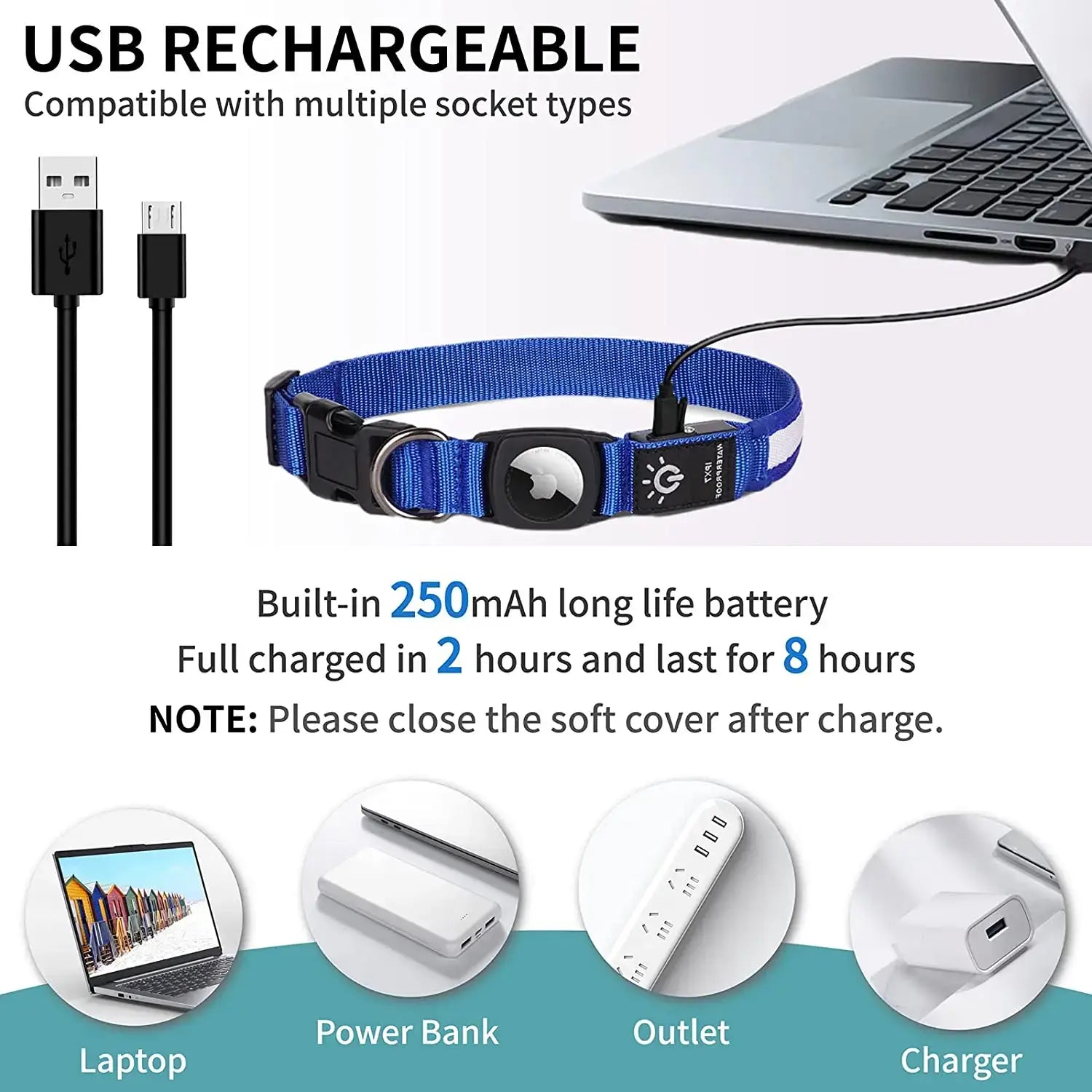 Collar para perro con luz LED y buscador GPS para Apple Airtag, resistente al agua, recargable por USB, luminoso, para Apple Air Tag