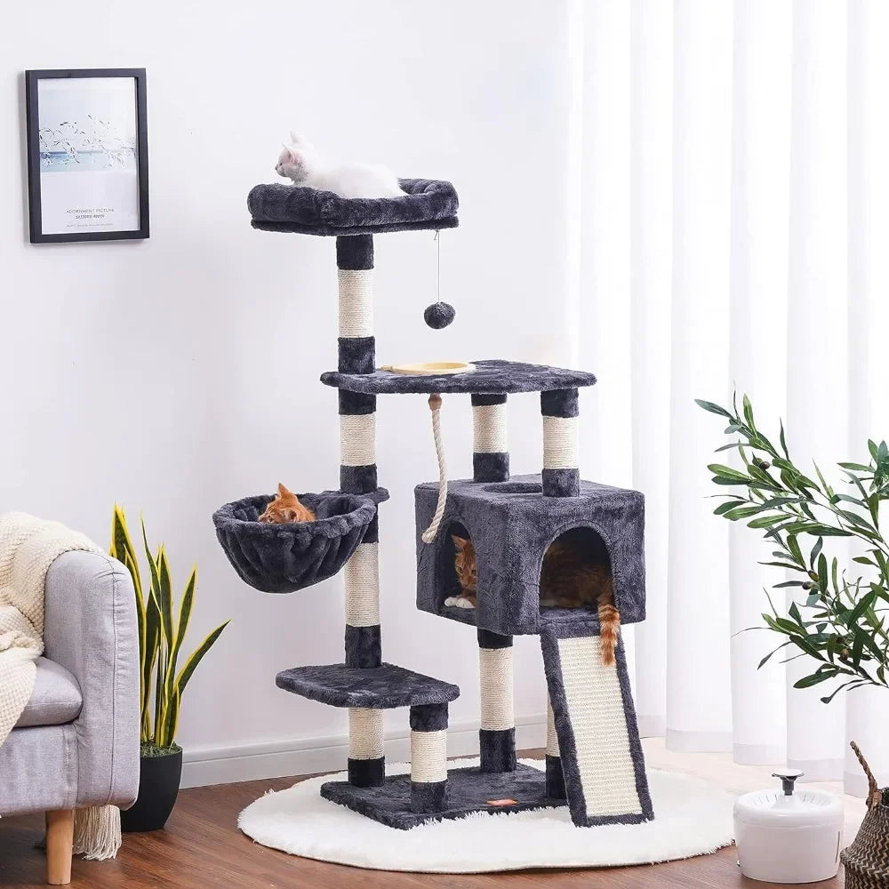 Cat Tower for Indoor Cats with Scratching Board, Multi-Level Cat Furniture Condo with Feeding Bowl Smoky Gray HCT010G