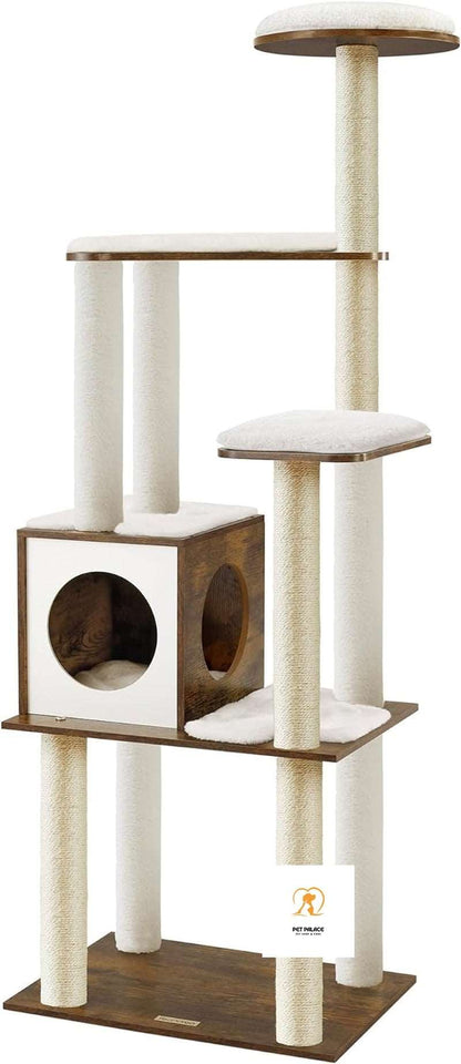 WoodyWonders Cat Tree, 65-Inch Modern Cat Tower for Indoor Cats, Multi-Level Cat Condo with 5 Scratching Posts, Perch, Washable Pet palace shop