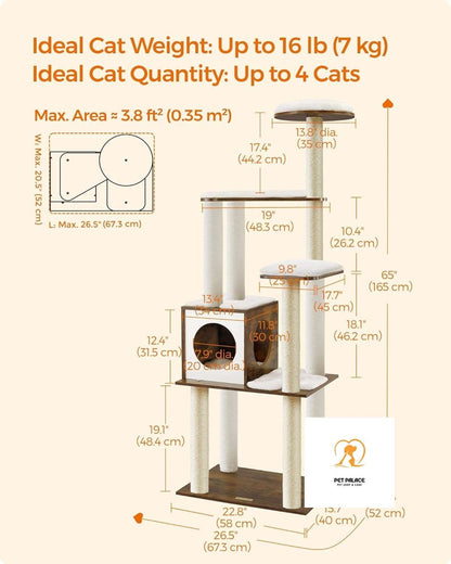 WoodyWonders Cat Tree, 65-Inch Modern Cat Tower for Indoor Cats, Multi-Level Cat Condo with 5 Scratching Posts, Perch, Washable Pet palace shop