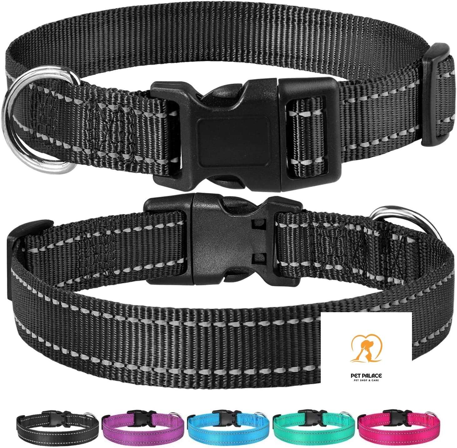 Reflective Dog Collar with Buckle Adjustable Safety Nylon Collars for Small Medium Large Dogs, Black M