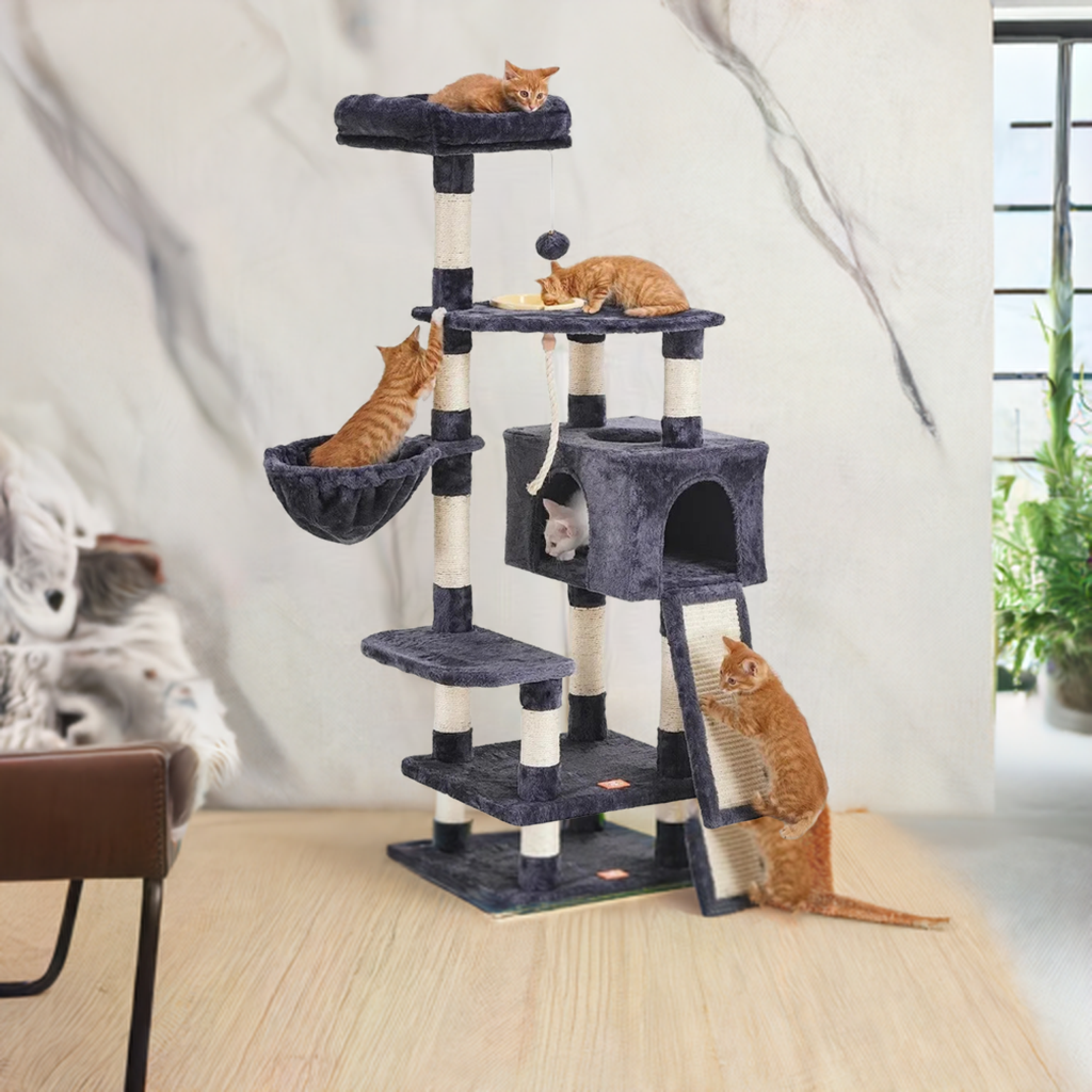 Cat Tower for Indoor Cats with Scratching Board, Multi-Level Cat Furniture Condo with Feeding Bowl Smoky Gray HCT010G