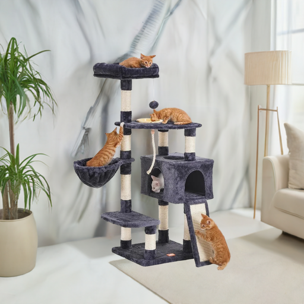 Cat Tower for Indoor Cats with Scratching Board, Multi-Level Cat Furniture Condo with Feeding Bowl Smoky Gray HCT010G