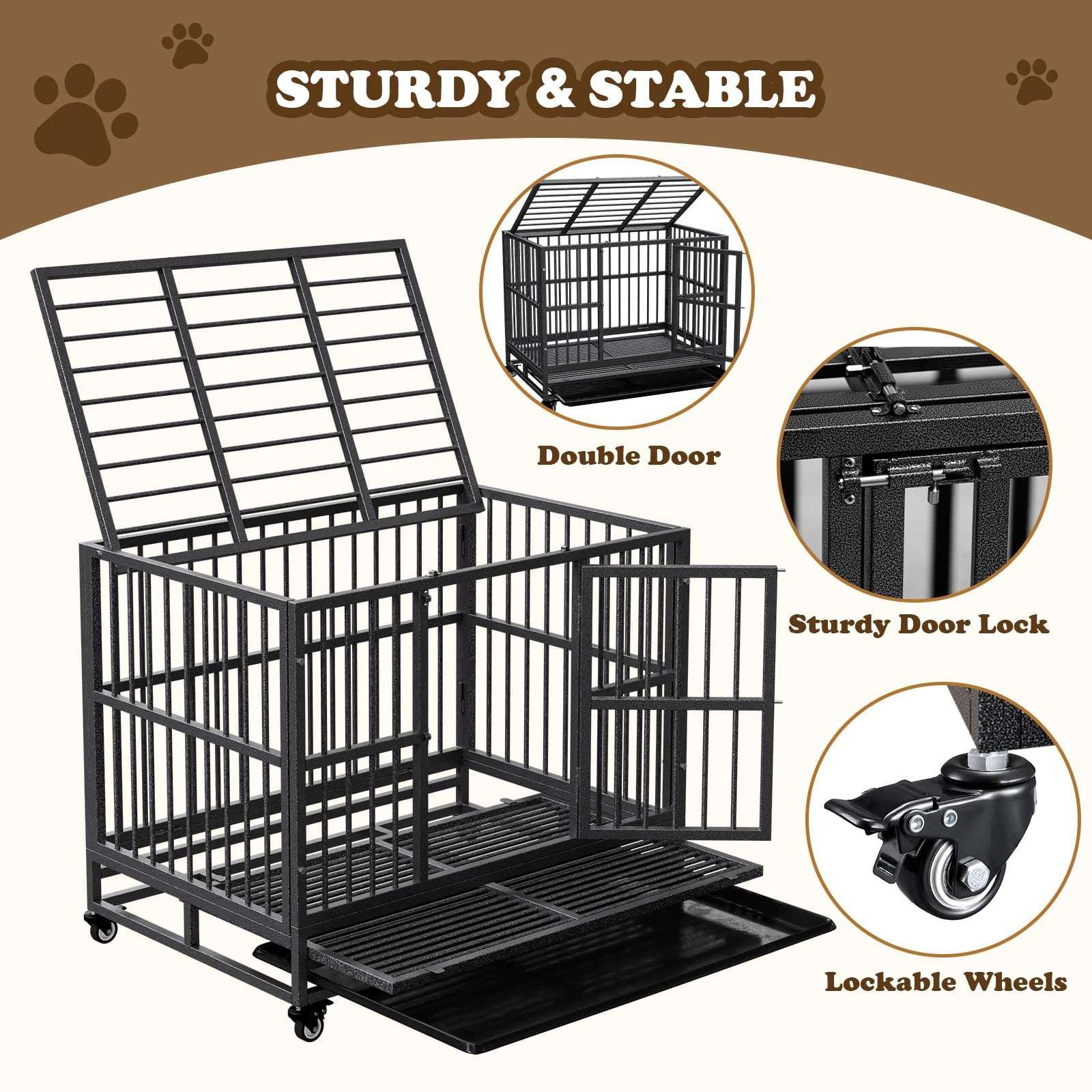 Indestructible Dog Crate with Removable Tray - 37/42/46 Inch Heavy Duty Steel Kennel